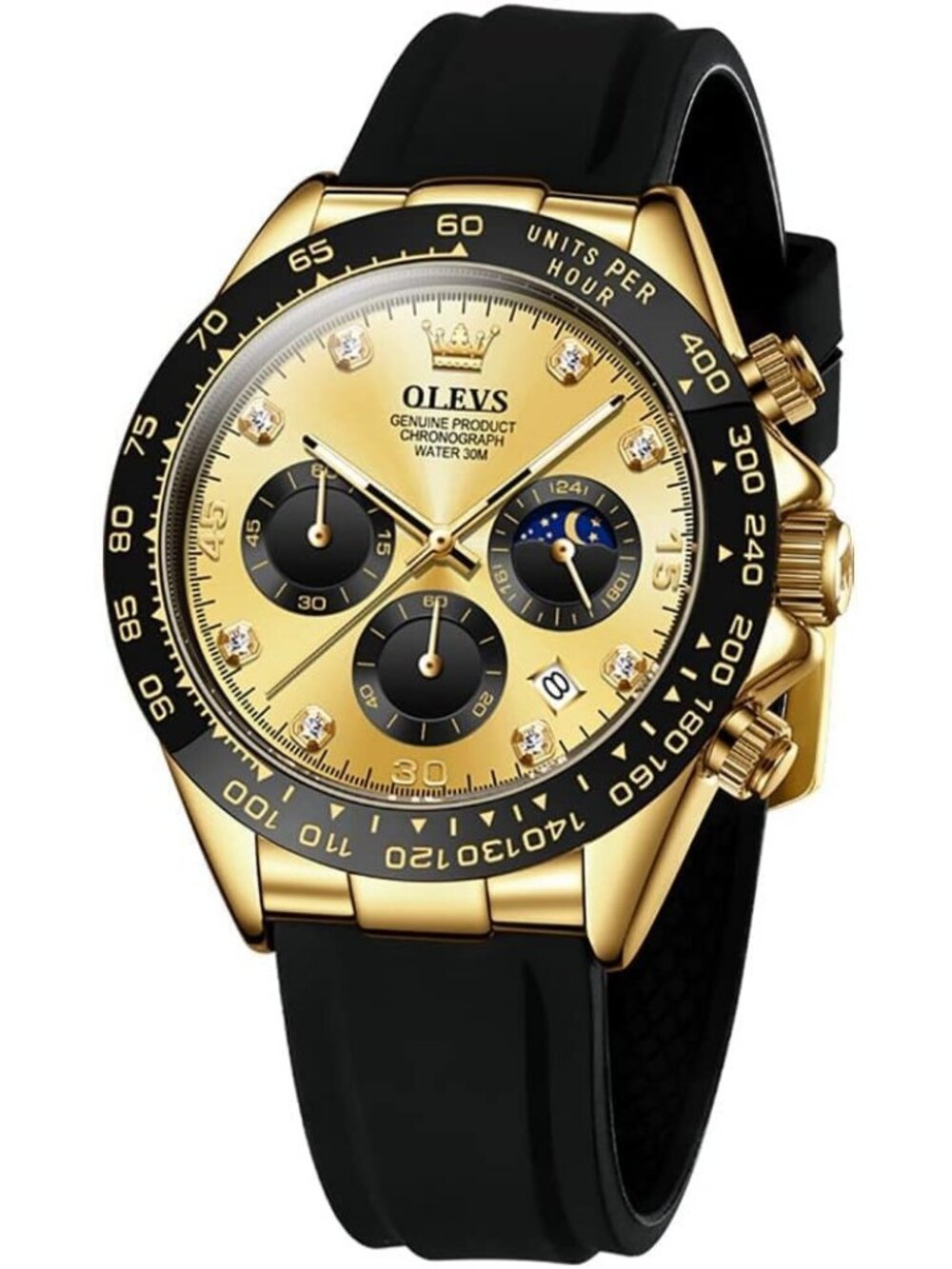 Men's Gold Black Analog Quartz Waterproof Diamond Moon Luminous Wooden Watch